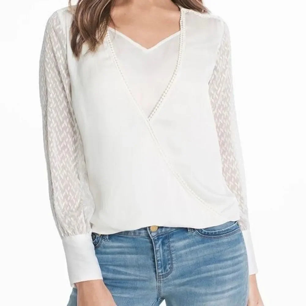 White House Black Market White Silky Sheer‎ Sleeved Long Sleeve Business Casual
